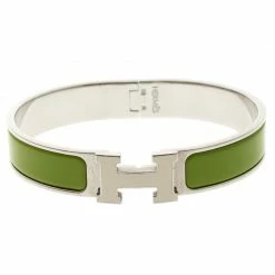 Hermes Clic Clac H Green Enamel & White Lacquered H Palladium Plated Narrow Bracelet GM For Women
