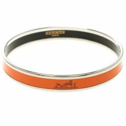Hermes Caleche Orange Enamel Palladium Plated Narrow Bangle Bracelet For Women