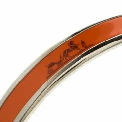 Hermes Caleche Orange Enamel Palladium Plated Narrow Bangle Bracelet For Women -Deals Hermes Store luxury women hermes used accessories p118597 003