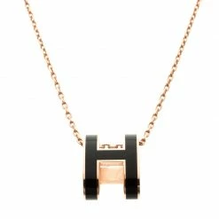 Hermes Pop H Soleil Black Lacquer Rose Gold Plated Pendant For Women