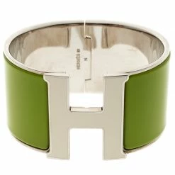 Hermes Clic Clac H White Lacquered Green Enamel Palladium Plated Extra Wide Bracelet GM For Women