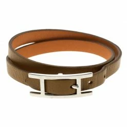 Hermes Behapi Brown / Orange Leather Reversible Double Tour Bracelet For Women
