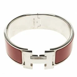 Hermes Clic Clac H Red Enamel Palladium Plated Wide Bracelet PM For Women