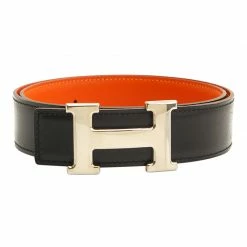 Hermes Black And Orange Leather H Buckle Reversible Belt 65CM For Women