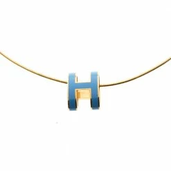 Hermes Pop H Blue Lacquer Gold Plated Pendant Necklace For Women