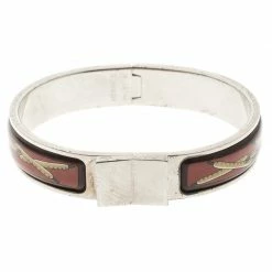 Hermes Loquet Red Enamel Palladium Plated Narrow Bracelet PM For Women