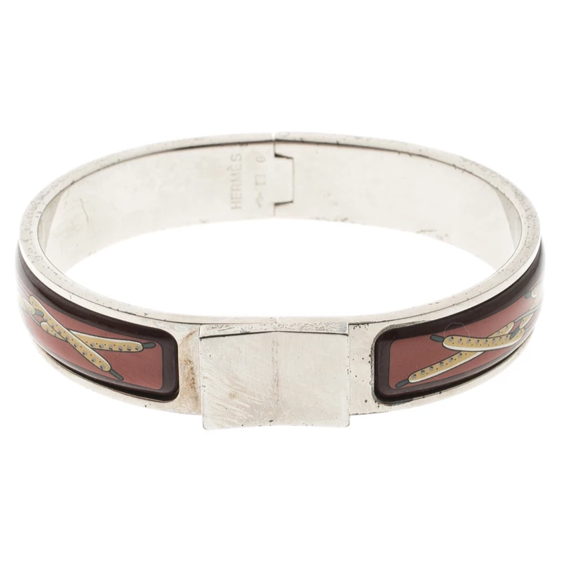 Hermes Loquet Red Enamel Palladium Plated Narrow Bracelet PM For Women 3 Hermes Loquet Red Enamel Palladium Plated Narrow Bracelet PM For Women
