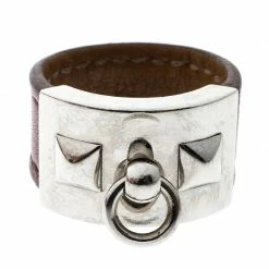 Hermes Collier De Chien Burgundy Leather Palladium Plated Ring Size 58 For Women