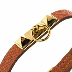 Hermes Micro Rivale Orange Leather Gold Plated Bracelet For Women -Deals Hermes Store luxury women hermes used accessories p133612 0003