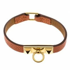 Hermes Micro Rivale Orange Leather Gold Plated Bracelet For Women -Deals Hermes Store luxury women hermes used accessories p133612 0005