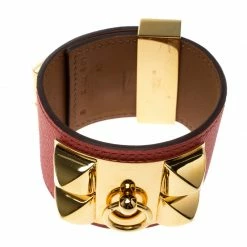 Hermes Hermès Collier De Chien Pink Epsom Leather Gold Plated Wide Cuff Bracelet For Women -Deals Hermes Store luxury women hermes used accessories p135070 004
