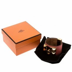 Hermes Hermès Collier De Chien Pink Epsom Leather Gold Plated Wide Cuff Bracelet For Women -Deals Hermes Store luxury women hermes used accessories p135070 007