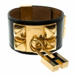 Hermes Hermès Collier De Chien Lock Black Leather Gold Plated Wide Cuff Bracelet For Women