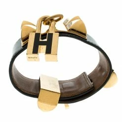 Hermes Hermès Collier De Chien Lock Black Leather Gold Plated Wide Cuff Bracelet For Women -Deals Hermes Store luxury women hermes used accessories p135082 004