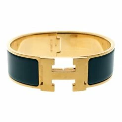 Hermes Clic Clac H Blue Enamel Gold Plated Wide Bracelet GM For Women