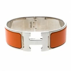 Hermes Clic Clac H Orange Enamel Palladium Plated Wide Bracelet GM For Women