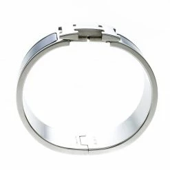 Hermes Clic Clac H Navy Blue Enamel Palladium Plated Wide Bracelet PM For Women -Deals Hermes Store luxury women hermes used accessories p147001 004