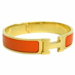 Hermes Clic Clac H Orange Enameled Gold-Plated Bracelet PM For Women