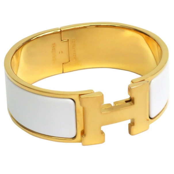 Hermes Clic Clac H Wide White Enamel Gold-Plated Bracelet PM For Women 3 Hermes Clic Clac H Wide White Enamel Gold-Plated Bracelet PM For Women