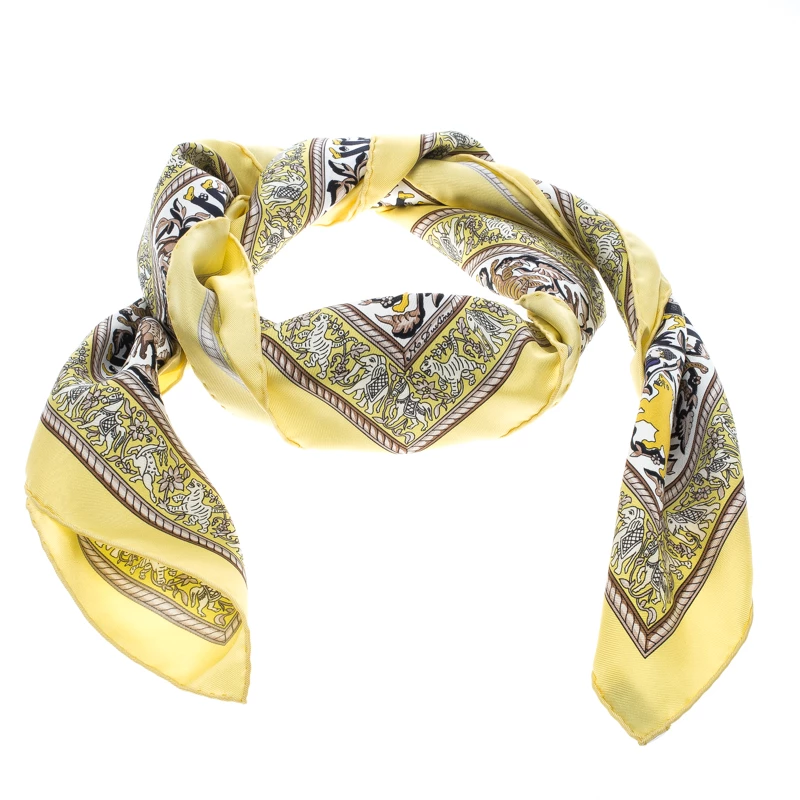 Hermes Chasse En Inde Yellow And White Printed Silk Square Scarf For Women 3 Hermes Chasse En Inde Yellow And White Printed Silk Square Scarf For Women