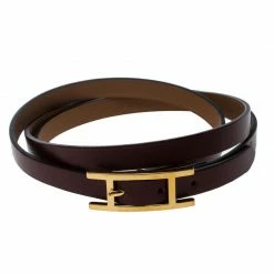Hermes Hapi 3 Burgundy Leather Gold Plated Wrap Bracelet M For Women