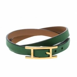 Hermes Hapi 3 Green Leather Gold Plated Wrap Bracelet S For Women