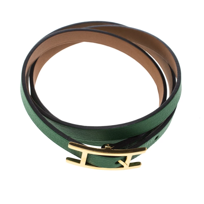 Hermes Hapi 3 Green Leather Gold Plated Wrap Bracelet S For Women 4 Hermes Hapi 3 Green Leather Gold Plated Wrap Bracelet S For Women - Image 2