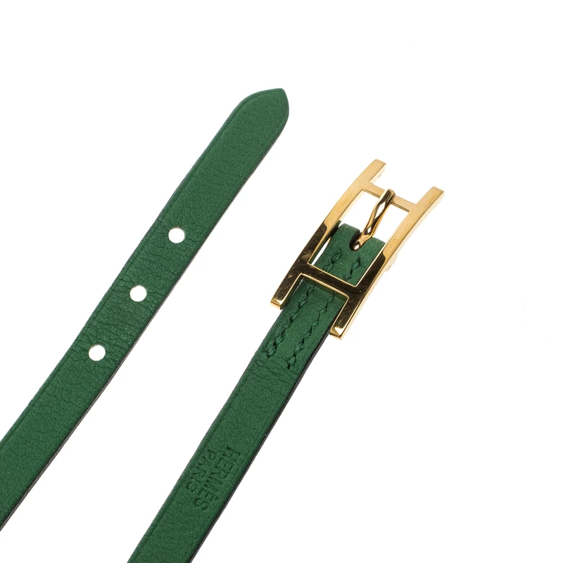 Hermes Hapi 3 Green Leather Gold Plated Wrap Bracelet S For Women 5 Hermes Hapi 3 Green Leather Gold Plated Wrap Bracelet S For Women - Image 3