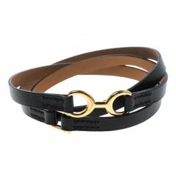 Hermes Dandy Pavane Black Leather Gold Plated Wrap Bracelet S For Women