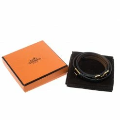 Hermes Dandy Pavane Black Leather Gold Plated Wrap Bracelet S For Women -Deals Hermes Store luxury women hermes used accessories p147590 0006