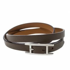 Hermes Hapi 3 Etoupe Leather Palladium Plated Wrap Bracelet S For Women