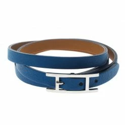 Hermes Hapi 3 Blue Leather Palladium Plated Wrap Bracelet S For Women