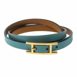 Hermes Hapi 3 Light Blue Leather Gold Plated Wrap Bracelet S For Women