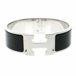 Hermes Clic Clac H Black Enamel Palladium Plated Wide Bracelet GM For Women
