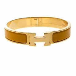 Hermes Clic Clac H Yellow Jaune Madras Enamel Gold Plated Narrow Bracelet PM For Women