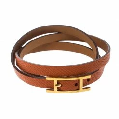 Hermes Hapi 3 Orange Leather Gold Plated Wrap Bracelet S For Women