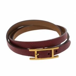Hermes Hapi 3 Red Leather Gold Plated Wrap Bracelet S For Women