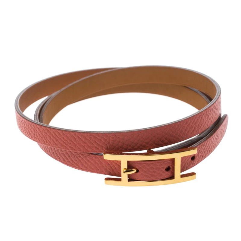 Hermes Hapi 3 Pink Leather Gold Plated Wrap Bracelet M For Women 3 Hermes Hapi 3 Pink Leather Gold Plated Wrap Bracelet M For Women