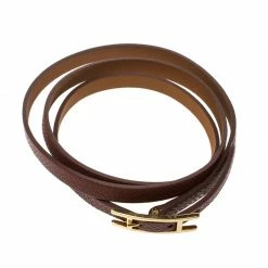 Hermes Hapi 3 Brown Leather Gold Plated Wrap Bracelet M For Women -Deals Hermes Store luxury women hermes used accessories p147872 0002