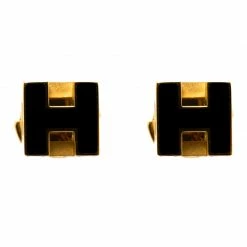 Hermes Cage D'H Black Lacquered Gold Plated Earrings For Women