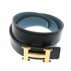 Hermes Hermès Black/Blue Leather Reversible Gold Metal Finished H Buckle Belt 75cm For Women -Deals Hermes Store luxury women hermes used accessories p149853 0003