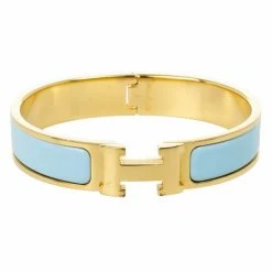 Hermes Hemes Clic Clac H Light Blue Enamel Gold Plated Bracelet PM For Women