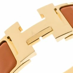 Hermes Clic Clac H Gold Plated Orange Enamel Bracelet For Women -Deals Hermes Store luxury women hermes used accessories p151050 0003