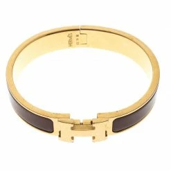 Hermes Clic Clac H Brown Enamel Gold Plated Narrow Bracelet PM For Women -Deals Hermes Store luxury women hermes used accessories p151724 005
