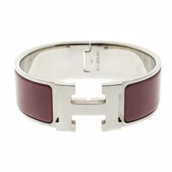 Hermes Clic Clac H Mauve Enamel Palladium Plated Wide Bracelet For Women