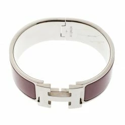 Hermes Clic Clac H Mauve Enamel Palladium Plated Wide Bracelet For Women -Deals Hermes Store luxury women hermes used accessories p151839 0005