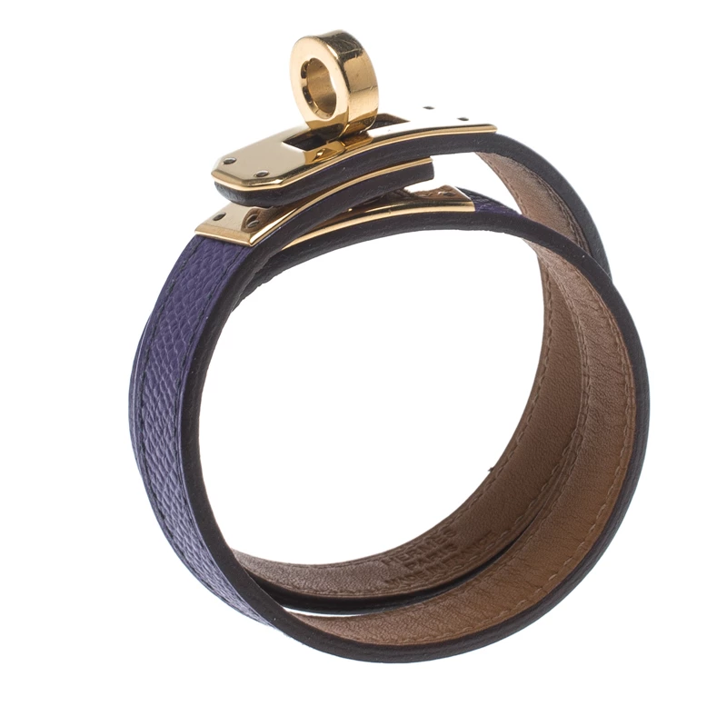 Hermes Kelly Double Tour Purple Leather Gold Plated Wrap Bracelet S For Women 4 Hermes Kelly Double Tour Purple Leather Gold Plated Wrap Bracelet S For Women - Image 2