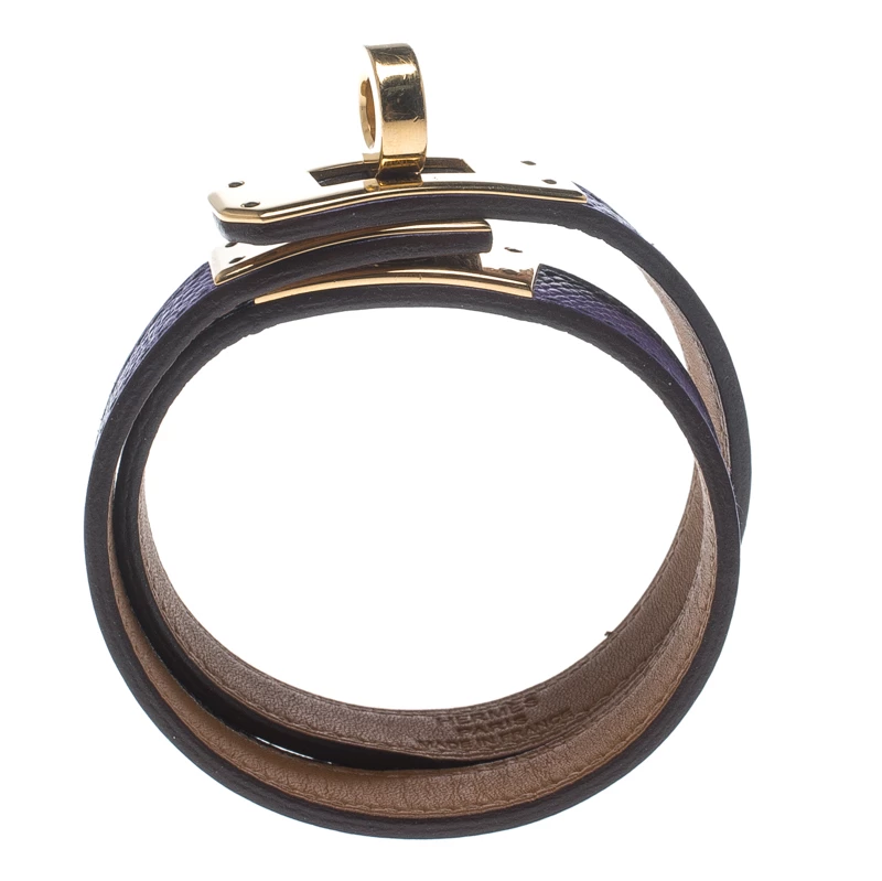 Hermes Kelly Double Tour Purple Leather Gold Plated Wrap Bracelet S For Women 6 Hermes Kelly Double Tour Purple Leather Gold Plated Wrap Bracelet S For Women - Image 4