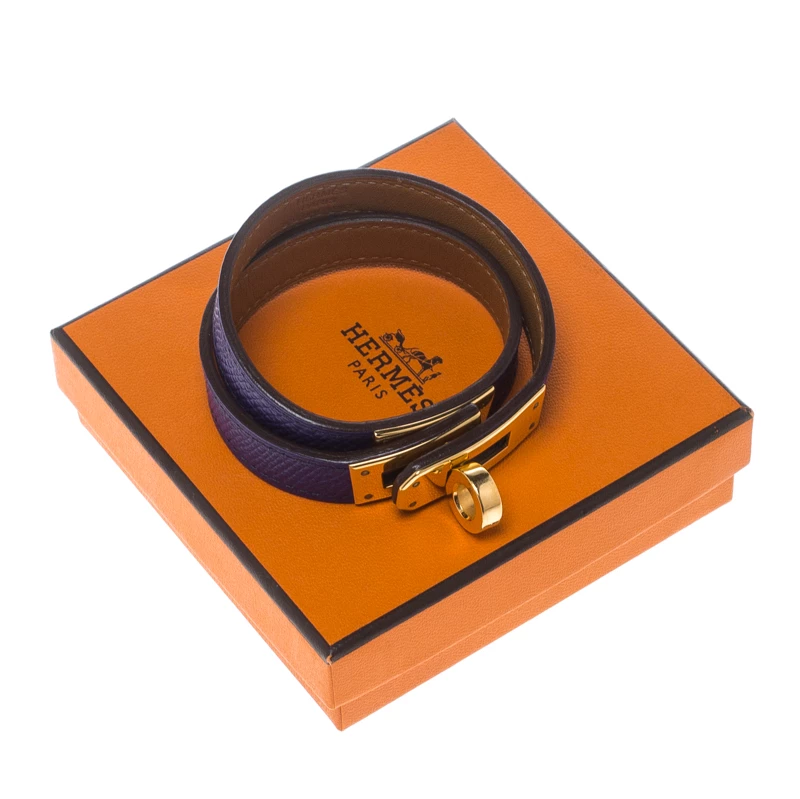 Hermes Kelly Double Tour Purple Leather Gold Plated Wrap Bracelet S For Women 9 Hermes Kelly Double Tour Purple Leather Gold Plated Wrap Bracelet S For Women - Image 7