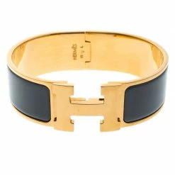 Hermes Clic Clac H Grey Enamel Gold Plated Wide Bracelet GM For Women